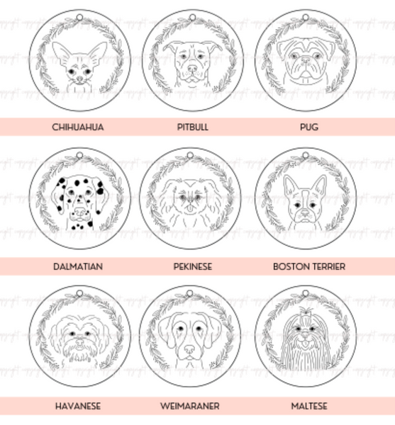 Hand drawn dog ornaments choose your breed and personalize the bottom