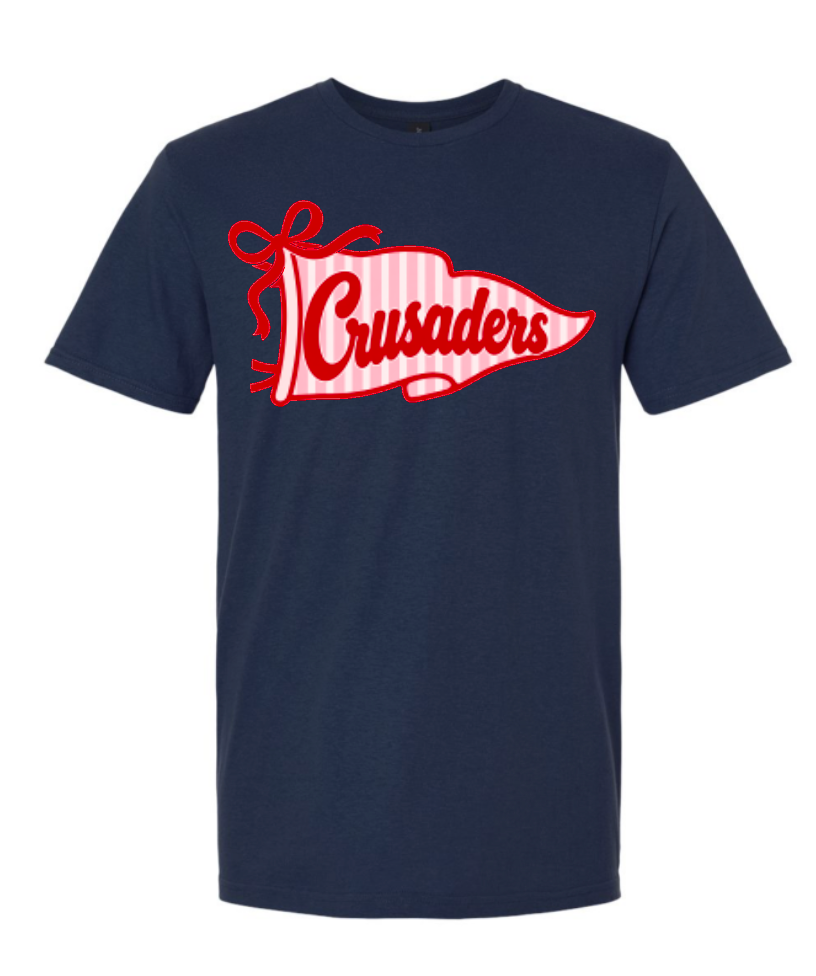 Crusaders Red Striped Flag logo Spirit Shirt Choose Gray or Navy