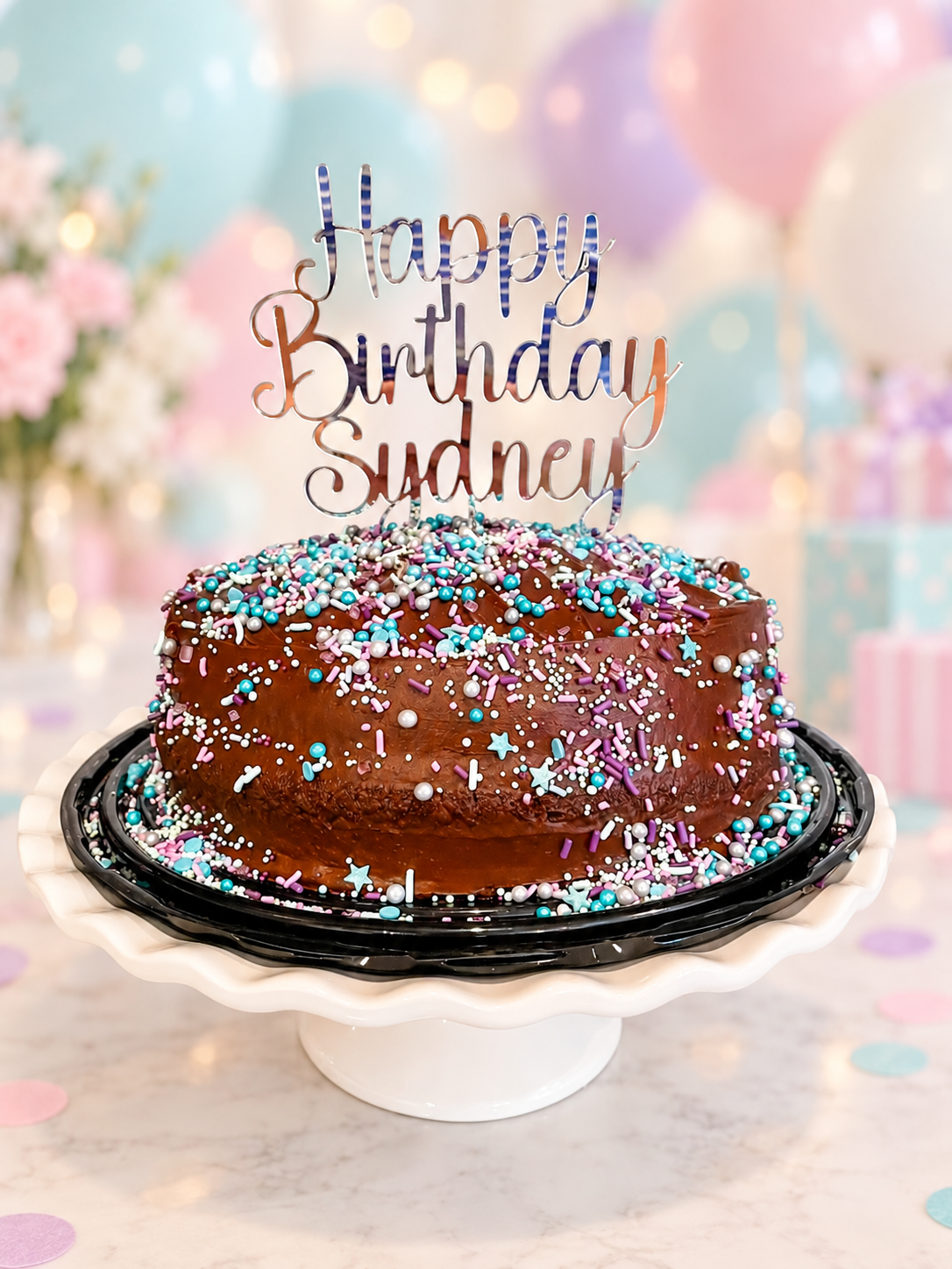 A chocolate birthday cake with colorful sprinkles on a white scalloped cake stand, topped with a metallic 'Happy Birthday Sydney' topper, set against a pastel party background with balloons and confetti.