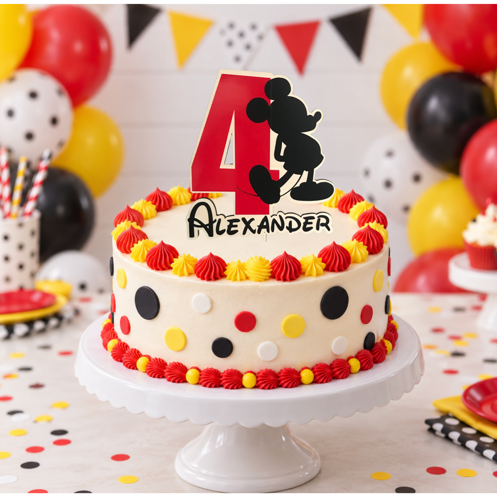 Personalized red black and yellow mouse-themed wood cake topper with age four and the name Alexander displayed on a birthday cake