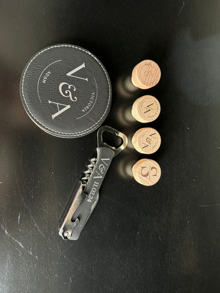 Personalized Wine Set Gift- coasters, stoppers and bottle opener