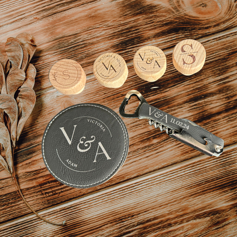 Personalized Wine Set Gift- coasters, stoppers and bottle opener