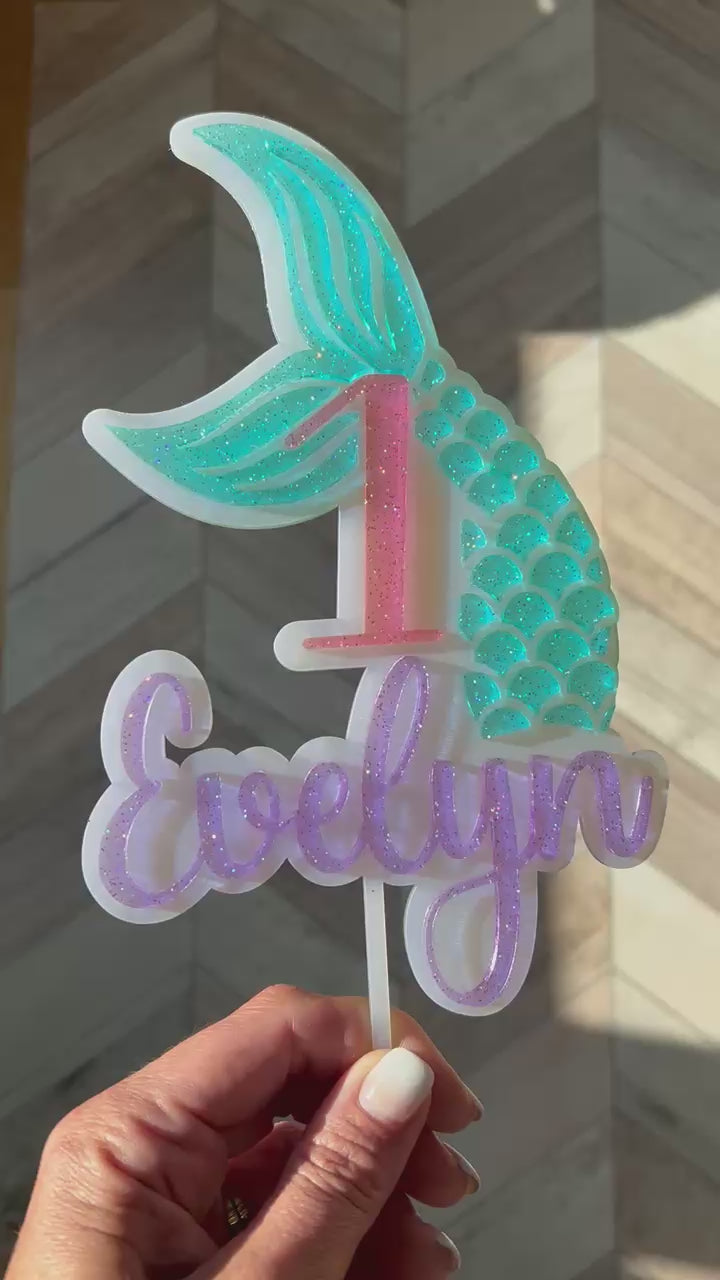 Personalized Mermaid Glitter Acrylic Birthday Cake Topper