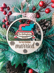 Our 1st Christmas Married Truck Personalized Hand Painted Wood Ornament