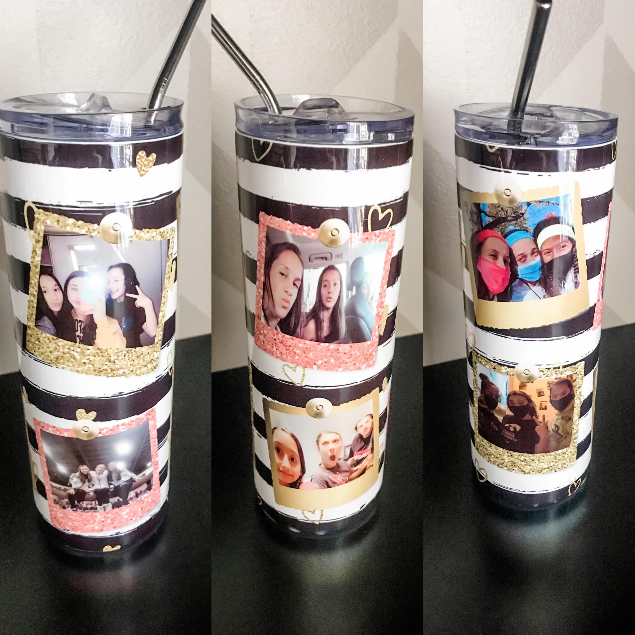 Custom 6 Photo Black and White Stripe Skinny Tumblers