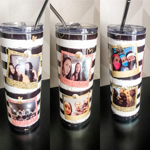 Custom 6 Photo Black and White Stripe Skinny Tumblers