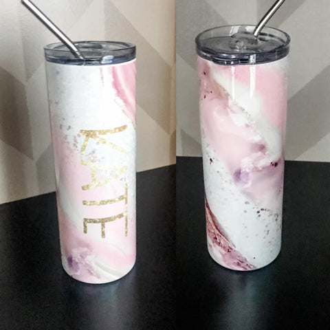 Pink and Gold Marble Custom Personalized Skinny Tumbler