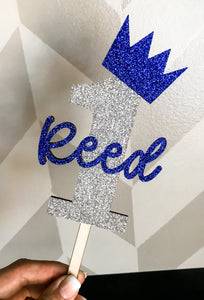 1st Birthday Prince or Princess Glitter Personalized Cake Topper