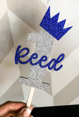 1st Birthday Prince or Princess Glitter Personalized Cake Topper