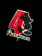 Personalized mouse-themed wood birthday cake topper featuring a red age four, black character silhouette and the name Alexander