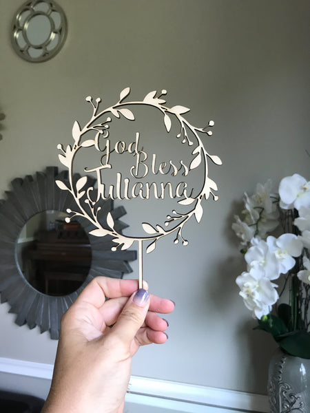 Baptism Christening Communion God Bless Personalized Wood Cake Topper