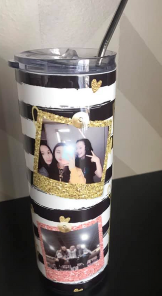 Custom 6 Photo Black and White Stripe Skinny Tumblers