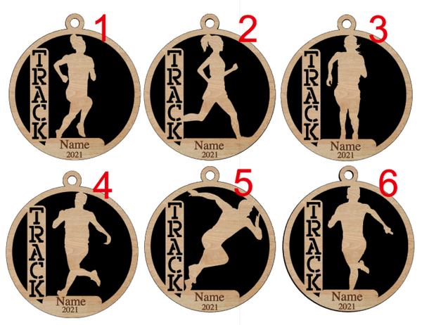 Personalized Girls and Boys Wood Track Ornament Pick from 6 designs
