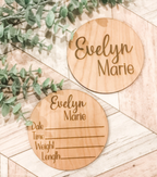 Personalized Baby Name Announcement Sign Set | Engraved Wood Birth Announcement Round | Custom Newborn Name & Stats Keepsake | Hospital Photo Prop