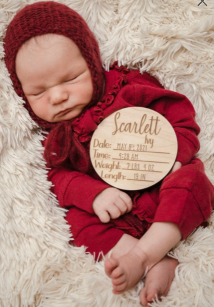 Personalized Baby Name Announcement Sign Set | Engraved Wood Birth Announcement Round | Custom Newborn Name & Stats Keepsake | Hospital Photo Prop