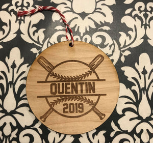 Engraved Baseball custom personalize wood laser cut ornament