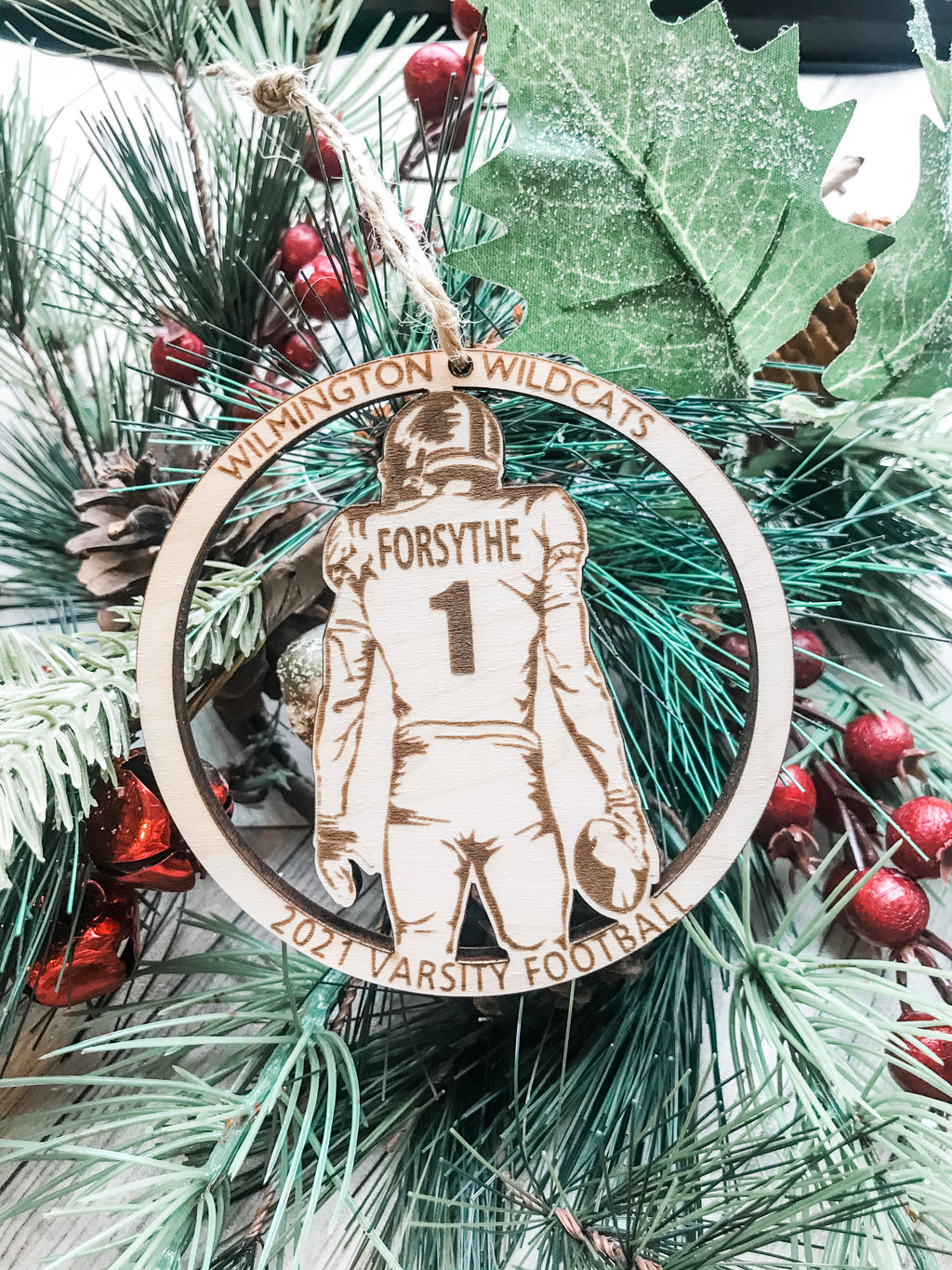 Custom Engraved Football Silhouette Player Wood Ornament