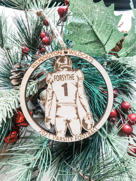 Custom Engraved Football Silhouette Player Wood Ornament