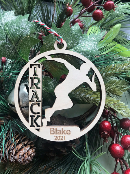 Personalized Girls and Boys Wood Track Ornament Pick from 6 designs
