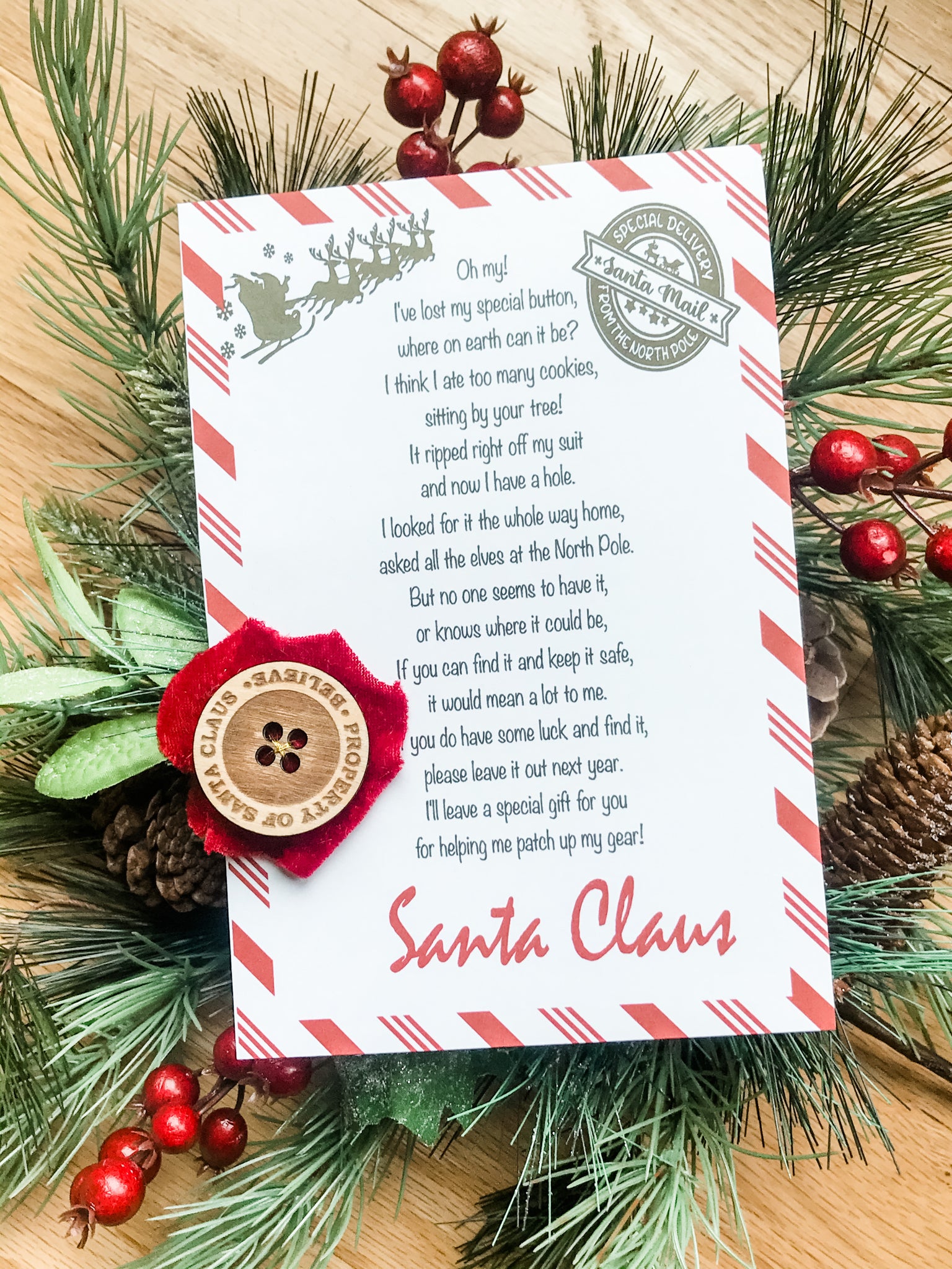 Santa’s lost button with letter