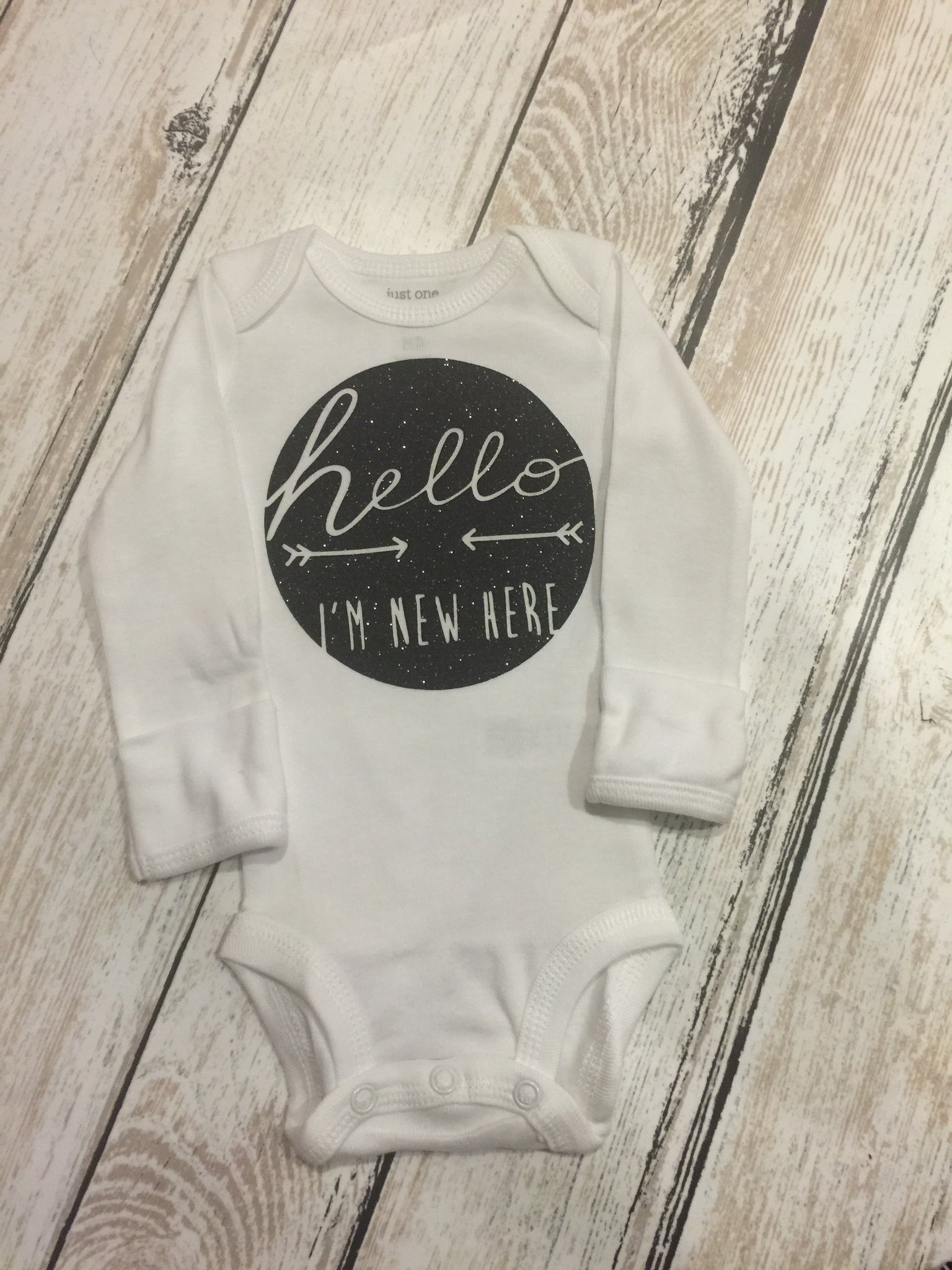 Hello I'm New Here glitter baby onesie