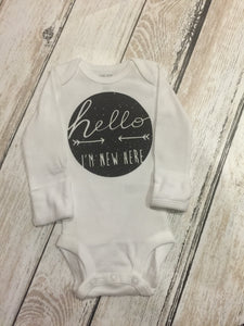 Hello I'm New Here glitter baby onesie