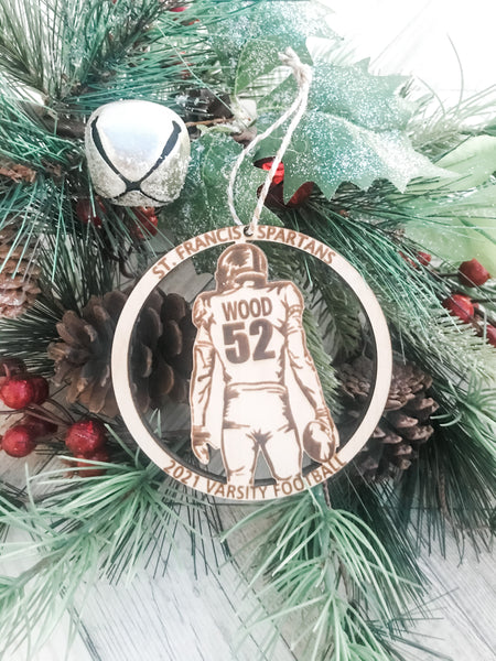 Custom Engraved Football Silhouette Player Wood Ornament