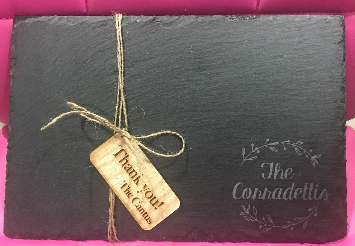 Engraved Slate Cheese Tray Last Name with vines